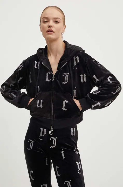 Juicy Couture bluza welurowa NALA AO DIAMANTE kolor czarny z kapturem wzorzysta JCMAS224251