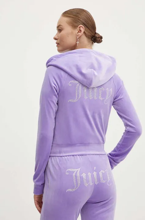 Велюрова кофта Juicy Couture MADISON HOODIE колір фіолетовий з капюшоном з аплікацією JCWA122001