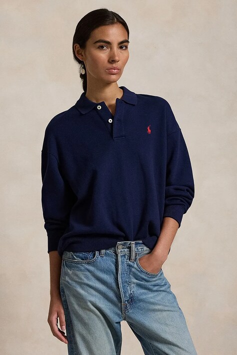 Polo Ralph Lauren bluza femei, culoarea albastru marin, neted, 211947966