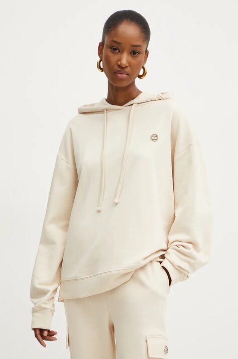Twinset hanorac de bumbac femei, culoarea bej, cu glugă, melanj, 242TP2490