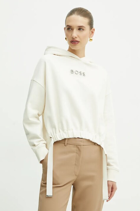 Βαμβακερή μπλούζα Boss Orange γυναικεία, χρώμα: μπεζ, με κουκούλα, 50528690