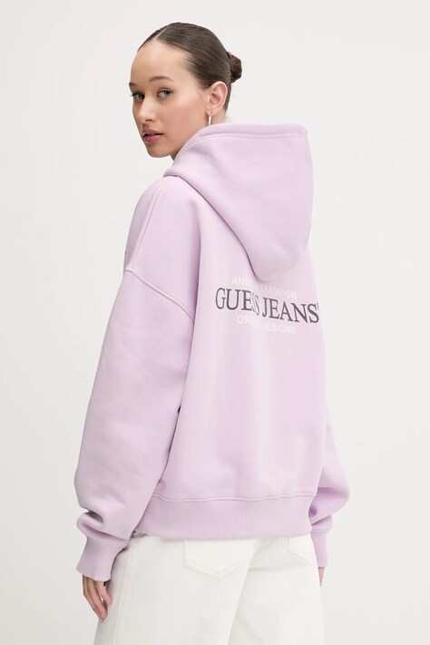 Mikina Guess Jeans dámská, fialová barva, s kapucí, s potiskem, W4BQ21 KC811