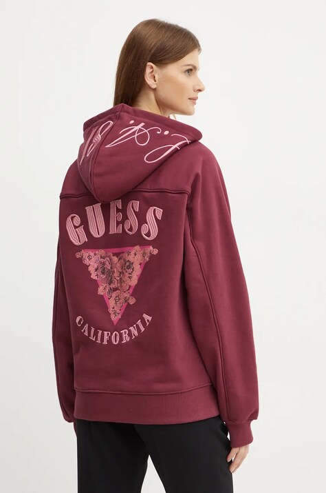 Кофта Guess женская цвет бордовый с капюшоном с аппликацией W4BQ05 KBY51