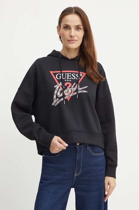 Guess bluza femei, culoarea negru, cu glugă, cu imprimeu, W4BQ06 KB683