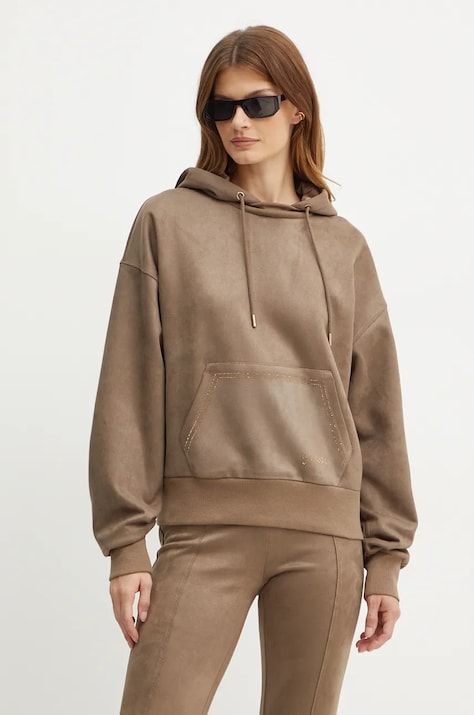Guess bluza femei, culoarea maro, cu glugă, cu imprimeu, W4BQ09 KAUJ2