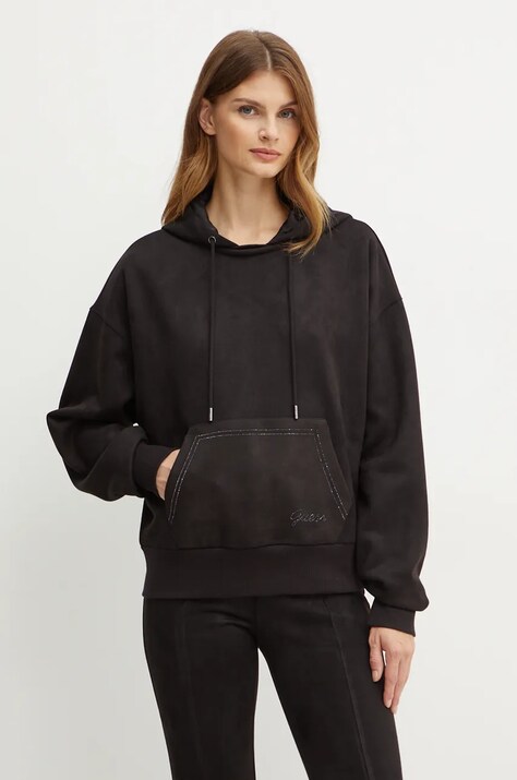 Guess bluza femei, culoarea negru, cu glugă, cu imprimeu, W4BQ09 KAUJ2