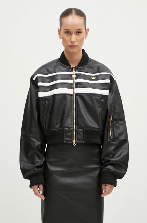 Bunda adidas Originals Pleather Bomber dámsky, čierna farba, prechodná, oversize, IX0967