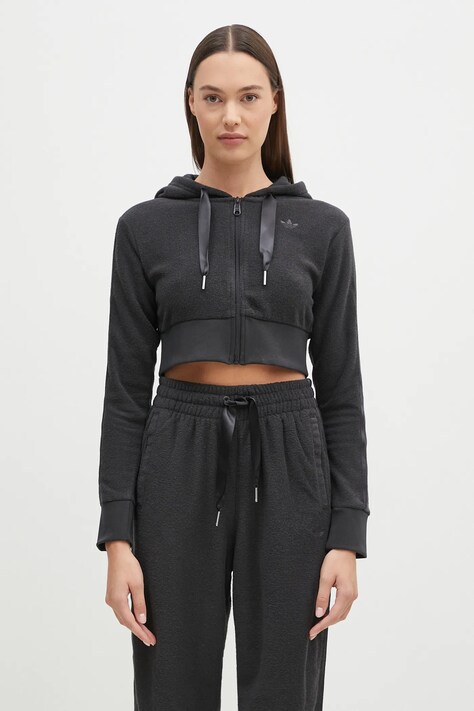 adidas Originals bluza Femme Galore Short Fulzip Hoodie femei, culoarea gri, cu glugă, cu imprimeu, JN3006