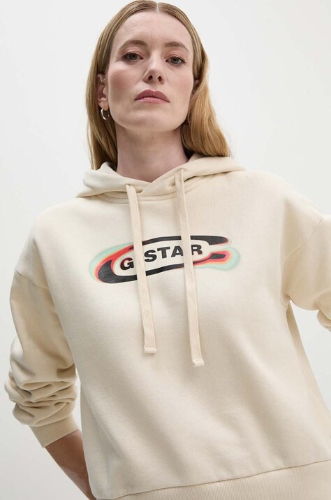 G-Star bluză femei, culoarea bej, cu glugă, cu imprimeu, D25519-D427