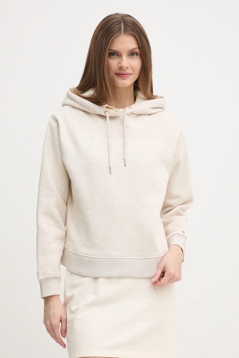 Tommy Hilfiger bluză femei, culoarea bej, cu glugă, cu imprimeu, WW0WW43598