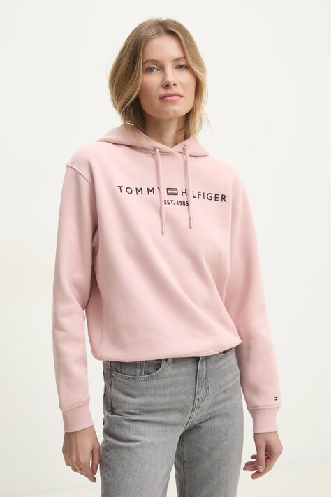 Tommy Hilfiger bluza femei, culoarea roz, cu glugă, cu imprimeu, WW0WW43598