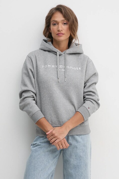 Tommy Hilfiger bluza femei, culoarea gri, cu glugă, cu imprimeu, WW0WW43598