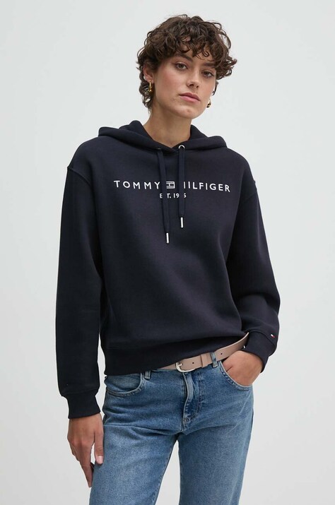 Tommy Hilfiger bluza femei, culoarea albastru marin, cu glugă, cu imprimeu, WW0WW43598