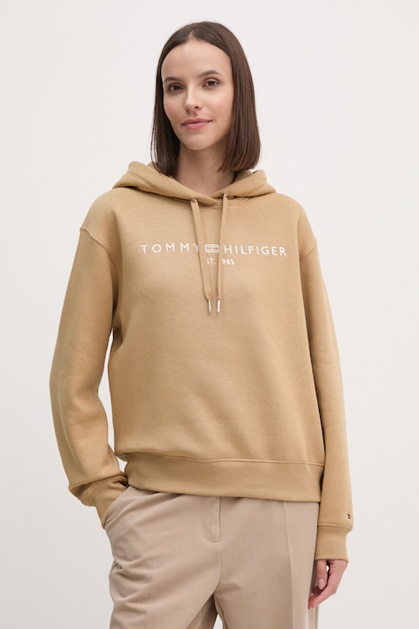 Кофта Tommy Hilfiger жіноча колір бежевий з капюшоном з аплікацією WW0WW43598