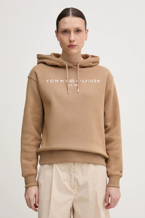 Tommy Hilfiger bluza femei, culoarea maro, cu glugă, cu imprimeu, WW0WW43598