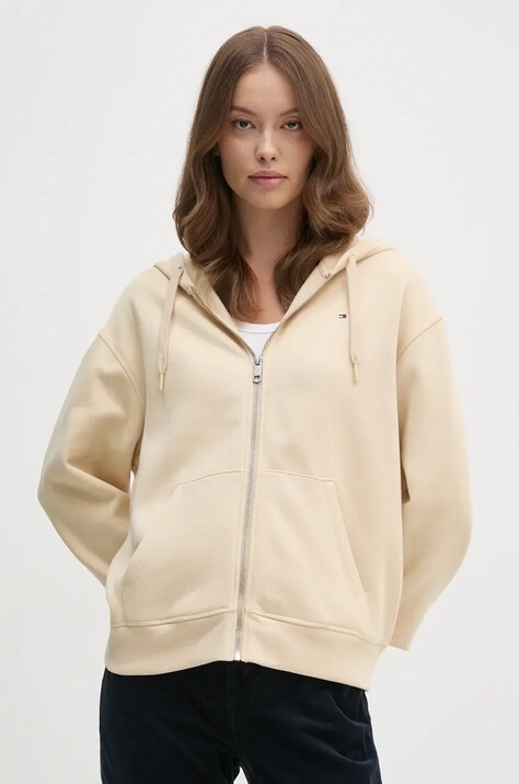 Tommy Hilfiger bluza femei, culoarea bej, cu glugă, neted, WW0WW44166