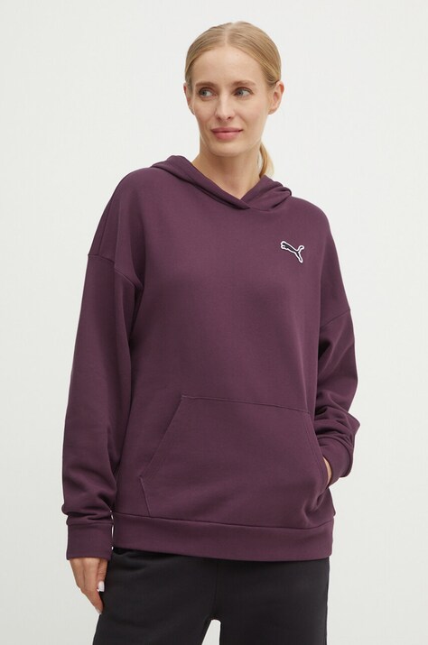 Puma hanorac de bumbac femei, culoarea bordo, cu glugă, neted, 676804