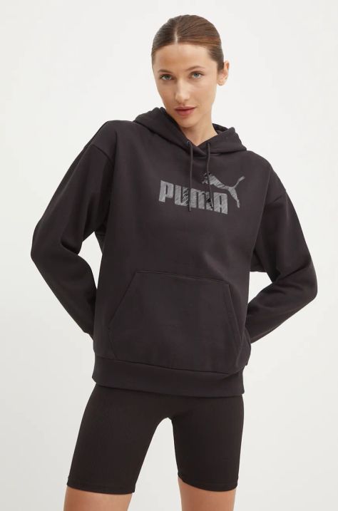 Puma bluza femei, culoarea negru, cu glugă, cu imprimeu, 681492