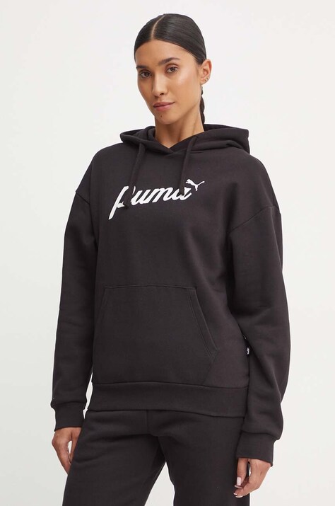 Puma bluza femei, culoarea negru, cu glugă, cu imprimeu, 681534