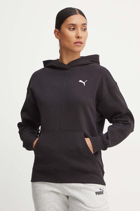 Puma hanorac de bumbac femei, culoarea negru, cu glugă, neted, 682719