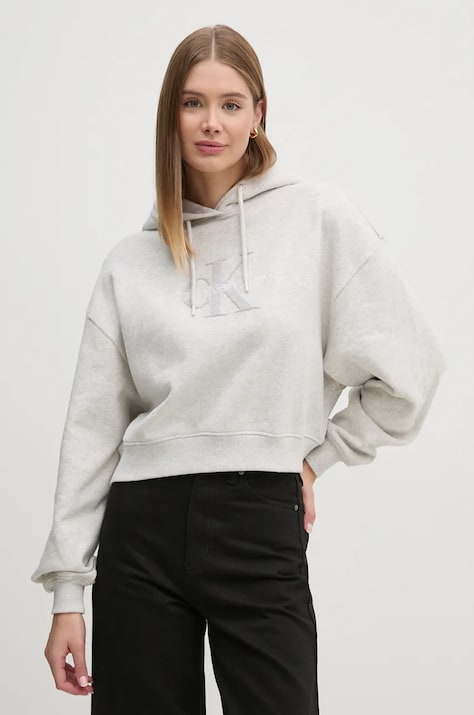 Calvin Klein Jeans hanorac de bumbac femei, culoarea gri, cu glugă, cu imprimeu, J20J224170