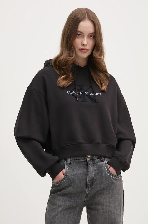 Calvin Klein Jeans bluza bawełniana damska kolor czarny z kapturem z aplikacją J20J224170