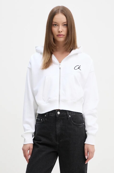 Bombažen pulover Calvin Klein Jeans ženski, bela barva, s kapuco, J20J224440