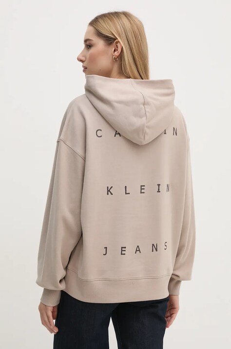 Calvin Klein Jeans hanorac de bumbac femei, culoarea bej, cu glugă, cu imprimeu, J20J225392