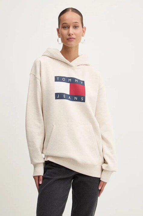 Tommy Jeans bluza femei, culoarea bej, cu glugă, cu imprimeu, DW0DW19047