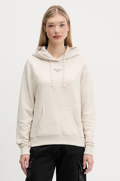 Tommy Jeans bluza femei, culoarea bej, cu glugă, neted, DW0DW19712