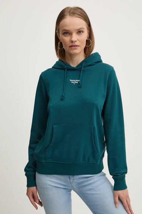 Кофта Tommy Jeans женская цвет бирюзовый с капюшоном однотонная DW0DW19712