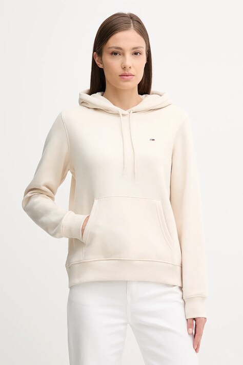 Tommy Jeans bluza damska kolor beżowy z kapturem gładka DW0DW19958