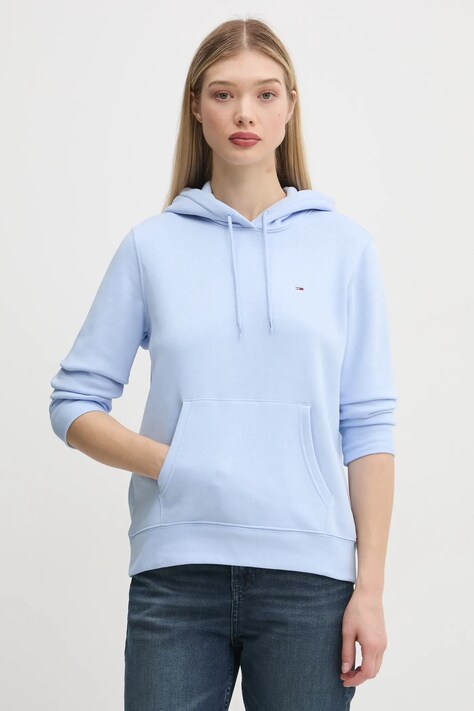 Mikina Tommy Jeans dámská, modrá barva, s kapucí, hladká, DW0DW19958