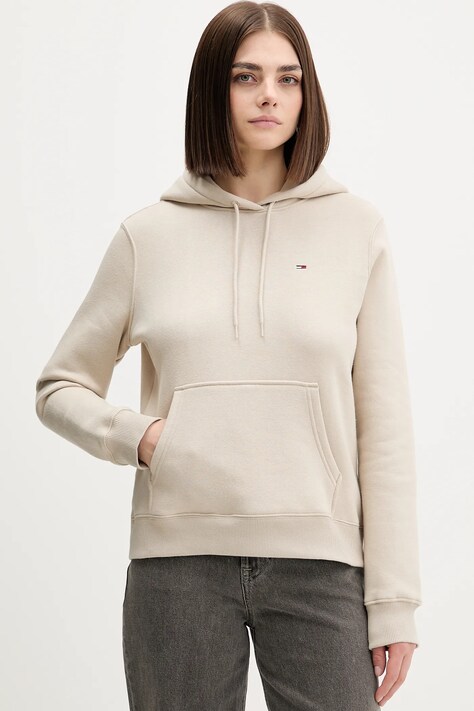 Dukserica Tommy Jeans za žene, boja: zelena, s kapuljačom, bez uzorka, DW0DW19958