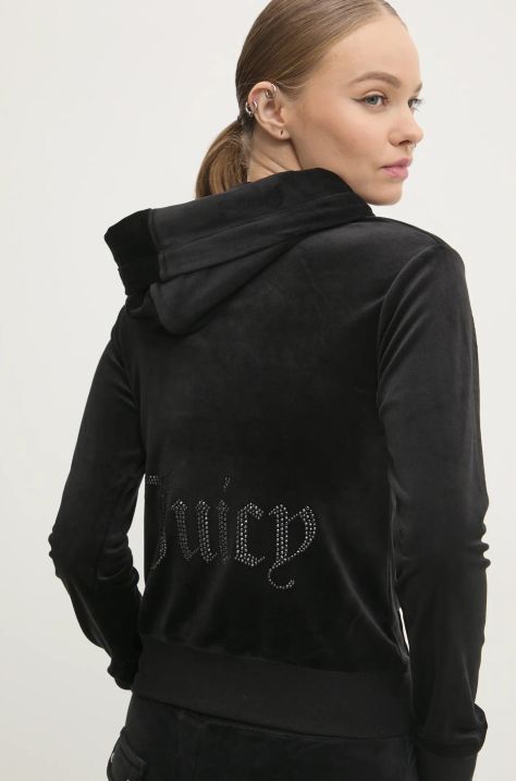 Juicy Couture bluza welurowa ROBERTSON JEWELLED VELOUR HOODIE kolor czarny z kapturem gładka JCBAS224814