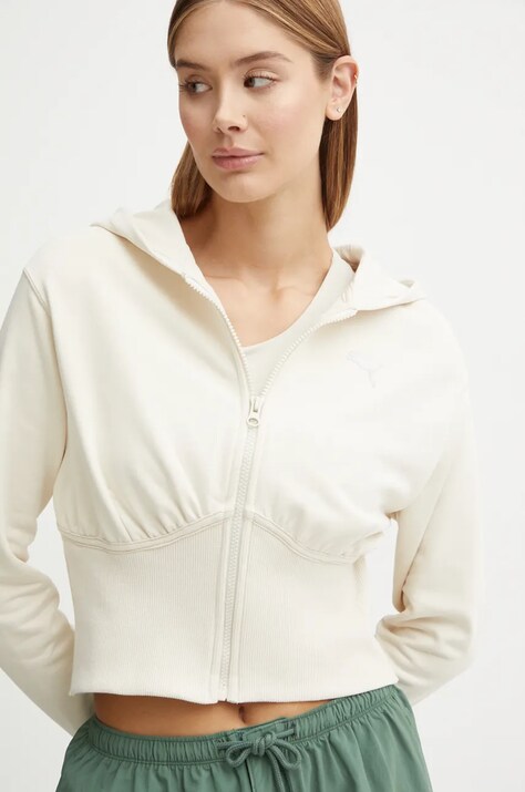 Puma hanorac de bumbac femei, culoarea bej, cu glugă, neted, 627475