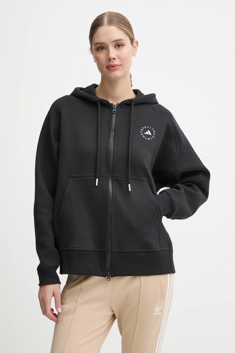 adidas by Stella McCartney bluză femei, culoarea negru, cu glugă, cu imprimeu, JF6337