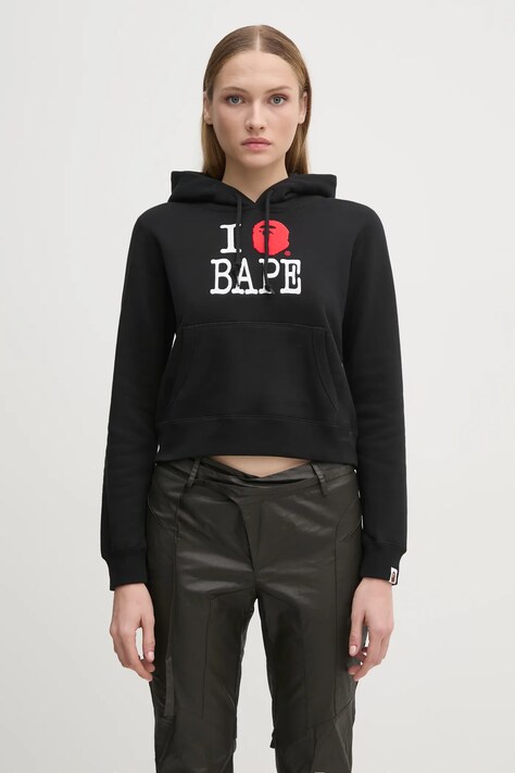 A Bathing Ape cotton sweatshirt I LOVE BAPE PULLOVER HOODIE women's black color hooded with an application 1K80214002