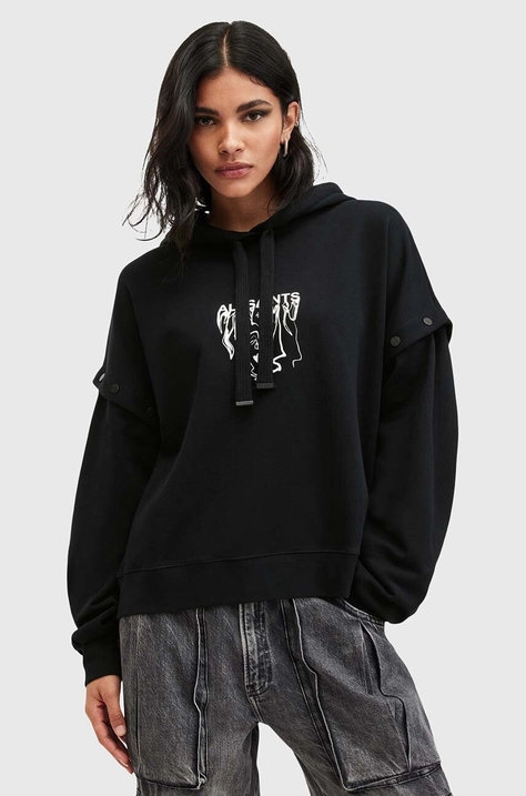 Βαμβακερή μπλούζα AllSaints INKSNTS AMPHIA HOODY γυναικεία, χρώμα: μαύρο, με κουκούλα, W105JB