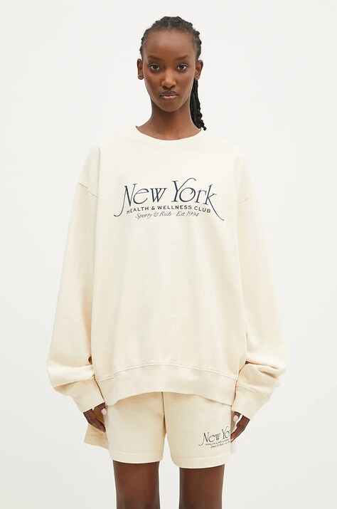 Хлопковая кофта Sporty & Rich NY 94 женская цвет бежевый с капюшоном с принтом WS067S409NC