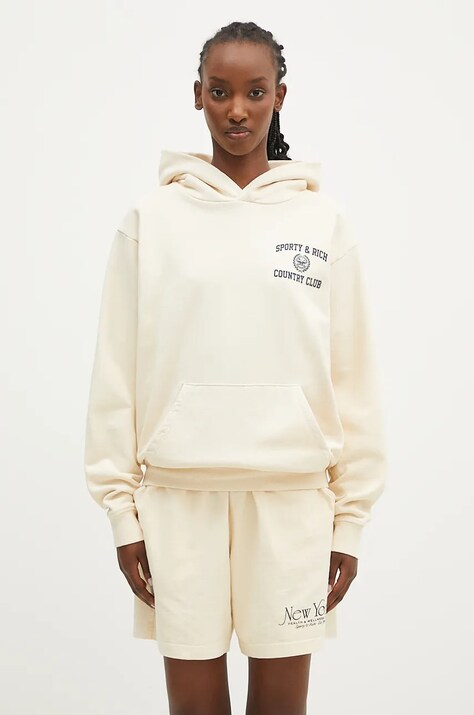 Sporty & Rich hanorac de bumbac Varsity Crest femei, culoarea bej, cu imprimeu, WS066S409VC