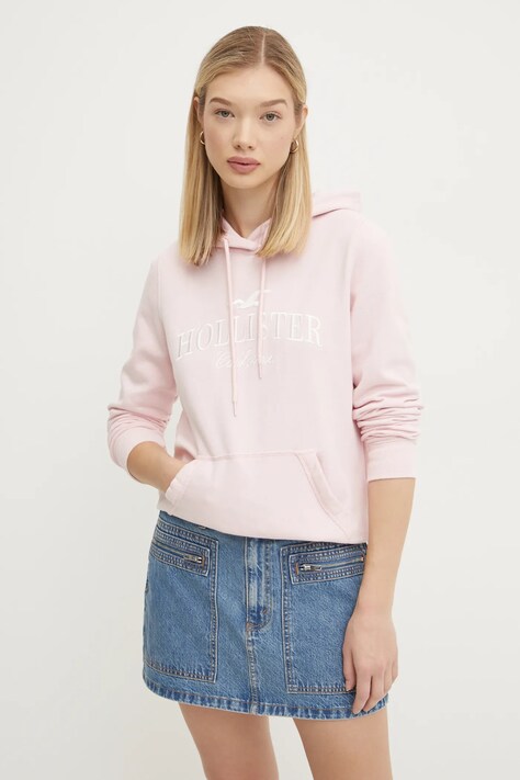 Mikina Hollister Co. dámská, růžová barva, s kapucí, s aplikací, KI352-4207