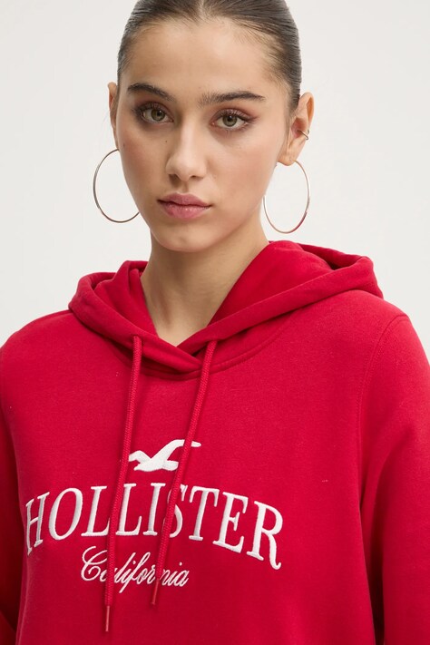 Mikina Hollister Co. dámská, červená barva, s kapucí, s aplikací, KI352-4208