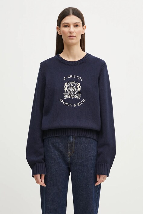 Sporty & Rich sweter bawełniany Bristol Crest Cotton Knit damski kolor granatowy WS065517621BL32