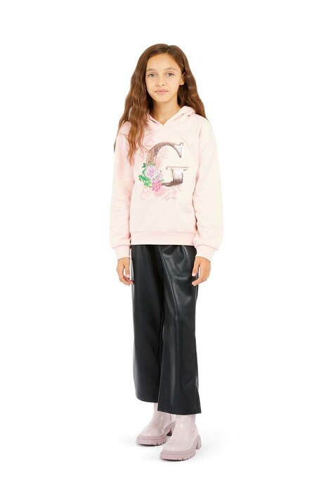 Guess bluza bawełniana dziecięca kolor różowy z kapturem z aplikacją J4YQ09 KAX74