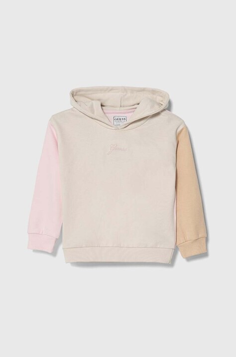 Детская хлопковая кофта Guess цвет бежевый с капюшоном с аппликацией K4YQ01 KA6R3