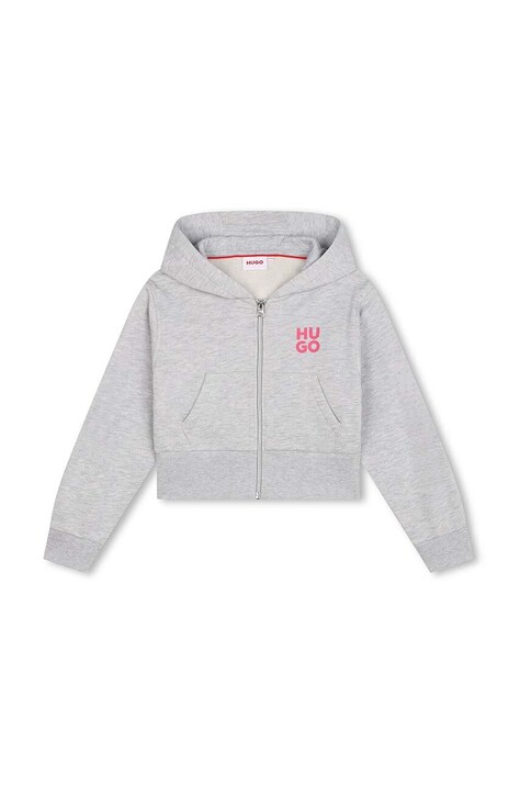 Детски суичър HUGO в сиво с качулка с принт G00228
