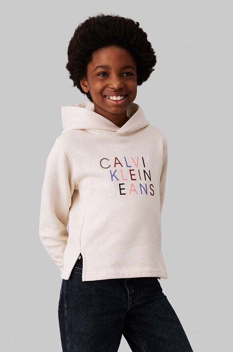 Παιδική μπλούζα Calvin Klein Jeans χρώμα: μπεζ, με κουκούλα, IG0IG02637