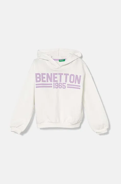 Dječja pamučna dukserica United Colors of Benetton boja: bijela, s kapuljačom, s tiskom, 3J68C203Q