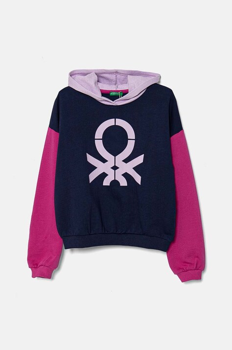 United Colors of Benetton bluza bawełniana dziecięca kolor granatowy z kapturem z nadrukiem 3J68C203Q